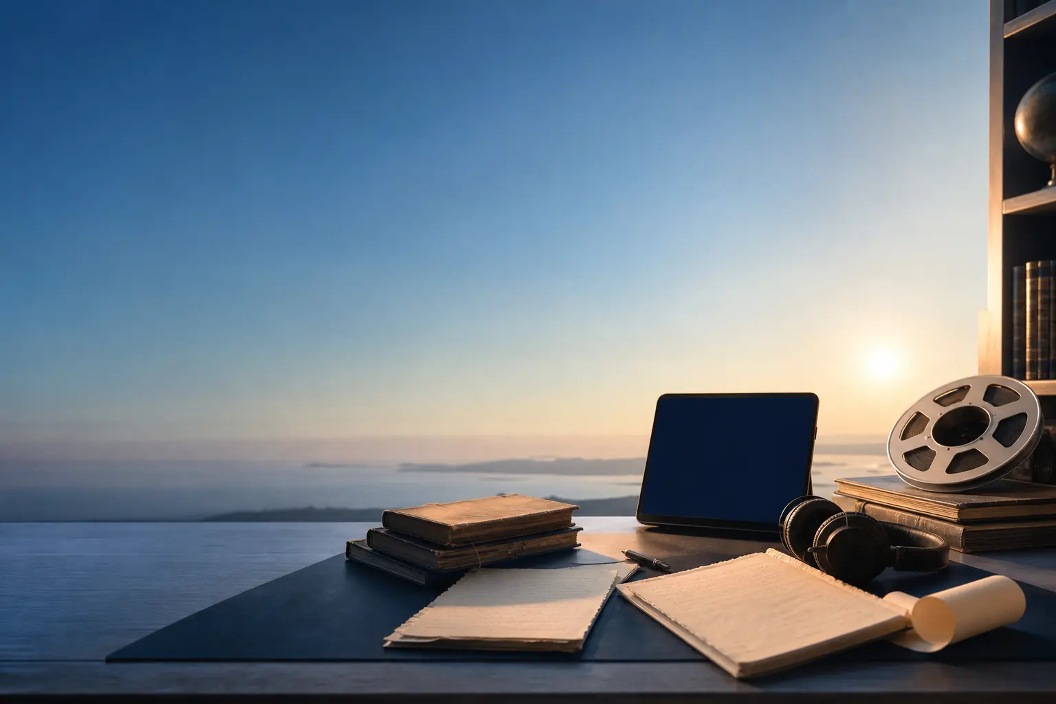 Books, recordings, and an open notebook overlooking a sunlit horizon